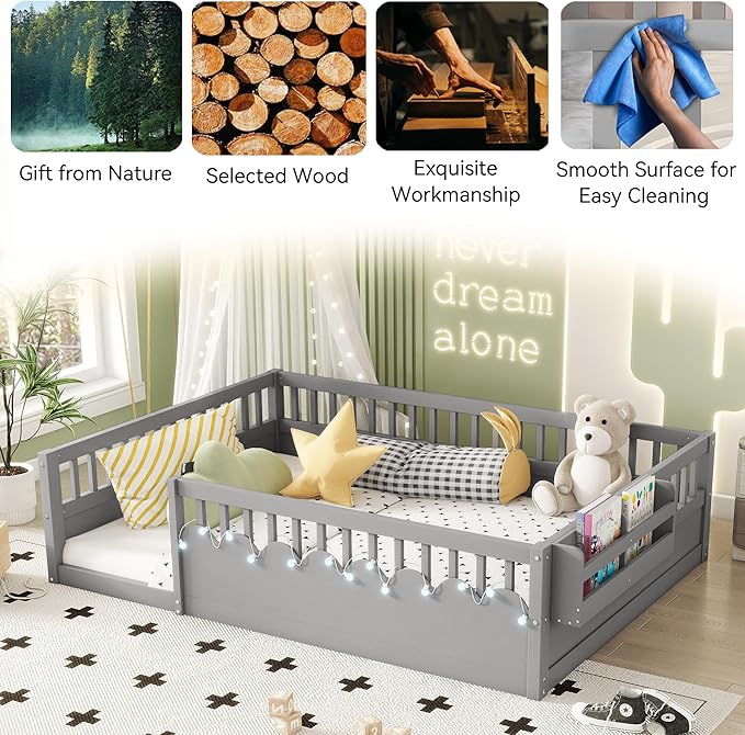 Full Toddler Floor Bed with High Rails, Wooden Montessori Bed Frame with Light and Storage Shelf, Full Size Bed Frame for Kids, Boys and Girls, Grey