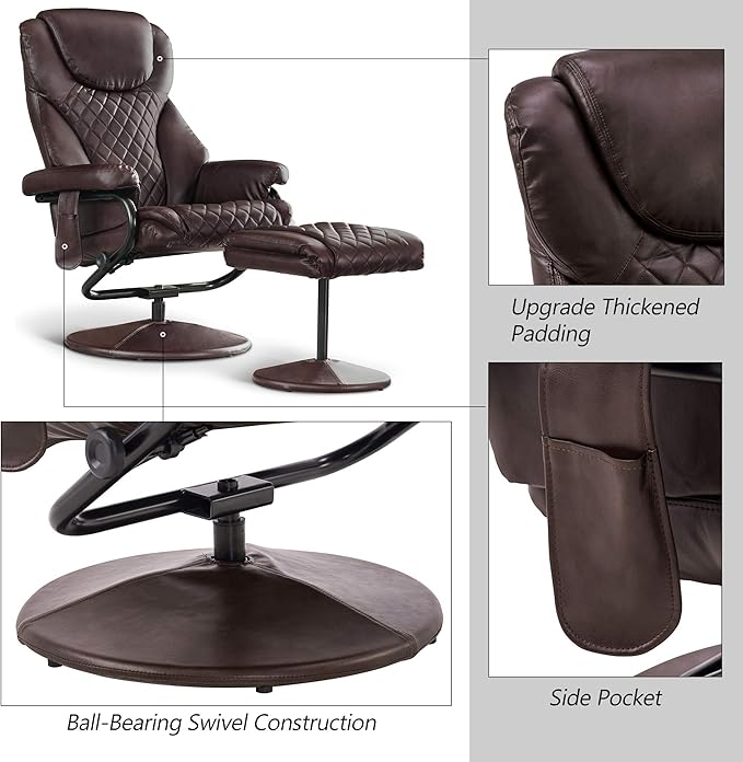 MCombo Recliner with Ottoman, Reclining Chair with Massage, 360 Swivel Living Room Chair Faux Leather, 4901 (Dark Brown)