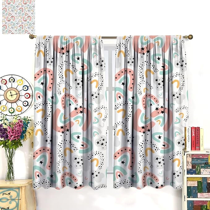 Boho Rainbow Curtains for Kids Nursery Colorful Floral Sun Star Clouds Pastel Bohemian Pattern Print Window Drapes for Girl Bedroom Living Room Kitchen Decor,2 Panel Set,42Wx45H Inch Decor