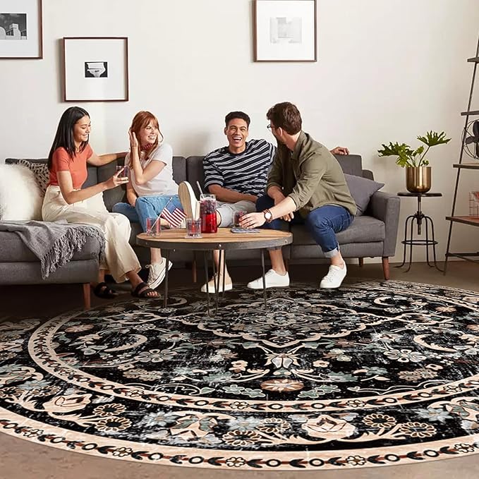 Vhong Boho Area Rugs Vintage Washable Modern Neutral Carpet Black 8×8 High Traffic Round Rugs for Dinning Room Living Room Bedroom Farmhouse Non Slip
