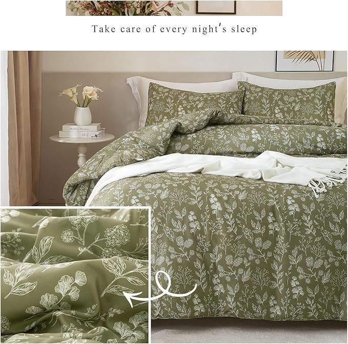 HighBuy Garden Floral Duvet Cover Twin XL Olive Green Botanical Cottagecore Bedding Comforter Cover for Twin XL Bed 3 Piece Cute Flower Bedding Set Easy Fit for Daughter Son Bedroom