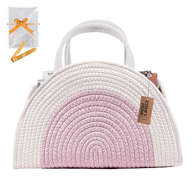 COMFY-HOMI Diaper Caddy Organizer with Gift Bags and Ribbons - Sturdy Cotton Rope Basket for Baby Girl & Boy Newborn Essentials, Large Gift Bag, Nursery Storage Caddy with Handles (white Pink)