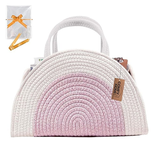 COMFY-HOMI Diaper Caddy Organizer with Gift Bags and Ribbons - Sturdy Cotton Rope Basket for Baby Girl & Boy Newborn Essentials, Large Gift Bag, Nursery Storage Caddy with Handles (white Pink)