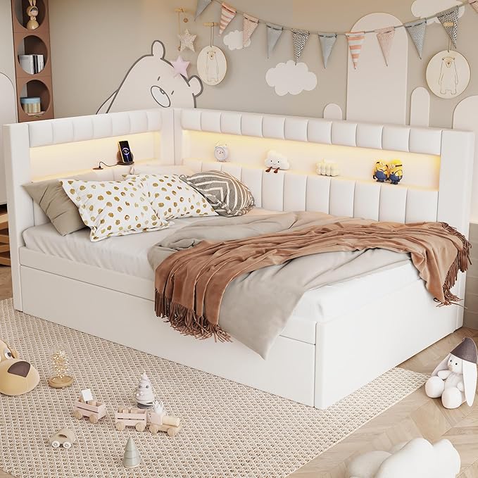 Twin Size Daybed with Trundle and L-Shaped Bookshelf Headboard, Linen Upholstered Soft Corner Bed with Storage Shelves, Charging Station and LED Belt for Kids Boys Girls, White