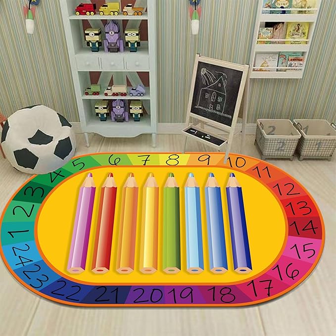 Colorful Kids Oval Rug, 4x6ft, Early Learning Education Play Mat for Learning Numbers, Soft Non-Slip Pens Design Rugs for Boys Girls Room Playroom Classroom Nursery Room