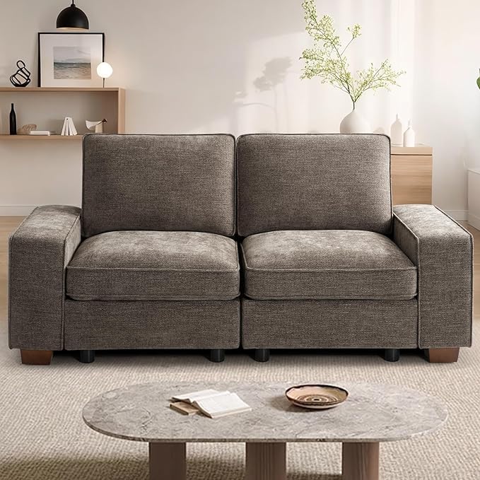 TEKAMON 73" Modular Sofa Couch with Seat Storage, Comfy 2-Seater Chenille Fabric Loveseat Sofa for Living Room, Office, Apartment W/Deep Seat, Wide Armrest, USB Charing Removable Cover(Brown)