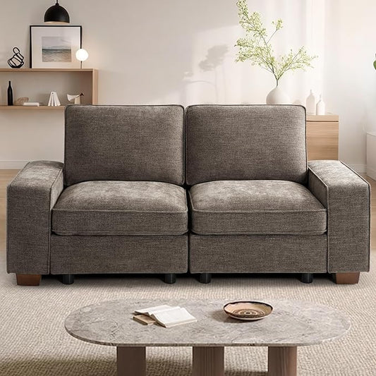TEKAMON 73" Modular Sofa Couch with Seat Storage, Comfy 2-Seater Chenille Fabric Loveseat Sofa for Living Room, Office, Apartment W/Deep Seat, Wide Armrest, USB Charing Removable Cover(Brown)