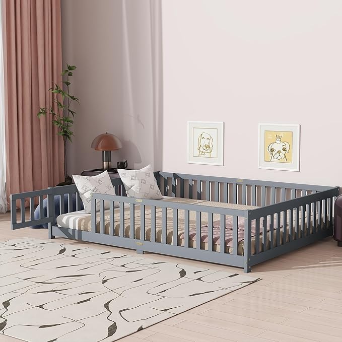 Queen Size Floor Bed with Door & Fence for Kids Boys Girls,Montessori Floor Bed with Roof & Full-Length Guardrails,Easy Assembly & No Box Spring Needed, Grey