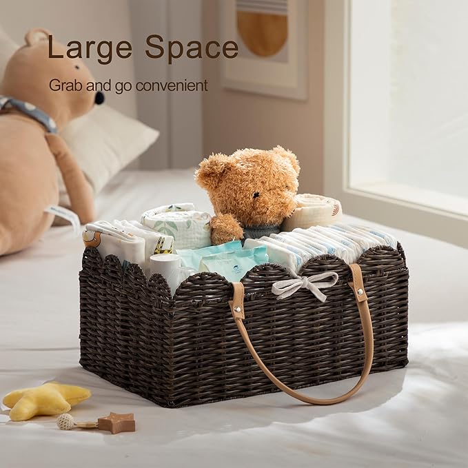 HBlife Baby Diaper Caddy Organizer, Washable Waterproof, Large Portable Scalloped Wicker Woven Basket with Divider, Nursery Diaper Station, Baby Shower Gifts Basket - Newborn Essentials, Car Organizer