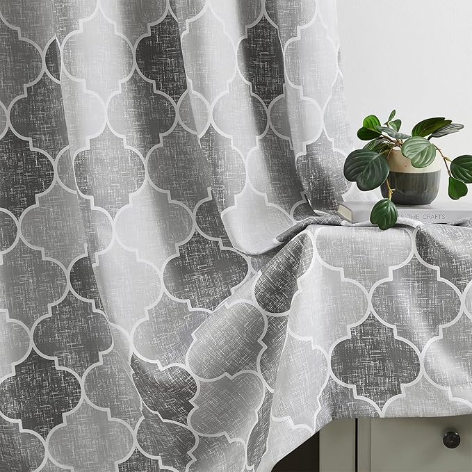 Full Blackout Curtains 84 Inches Long 2 Panels Gray Moroccan Lattice Patterned Drapes Room Darkening Thermal Insulated Grommet Top Window Treatments Sets for Bedroom Living Room, 52" W