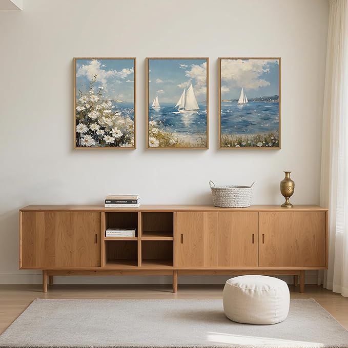 FWIEXA Coastal Wildflower Canvas Wall Art Framed, Ocean Sailboats Pictures Wall Decor, Beach Flower Seascape Painting, 3 Pieces 16x24In Nautical Blue Sky Artwork for Living Room, Bedroom, Bathroom, Rustic Farmhouse