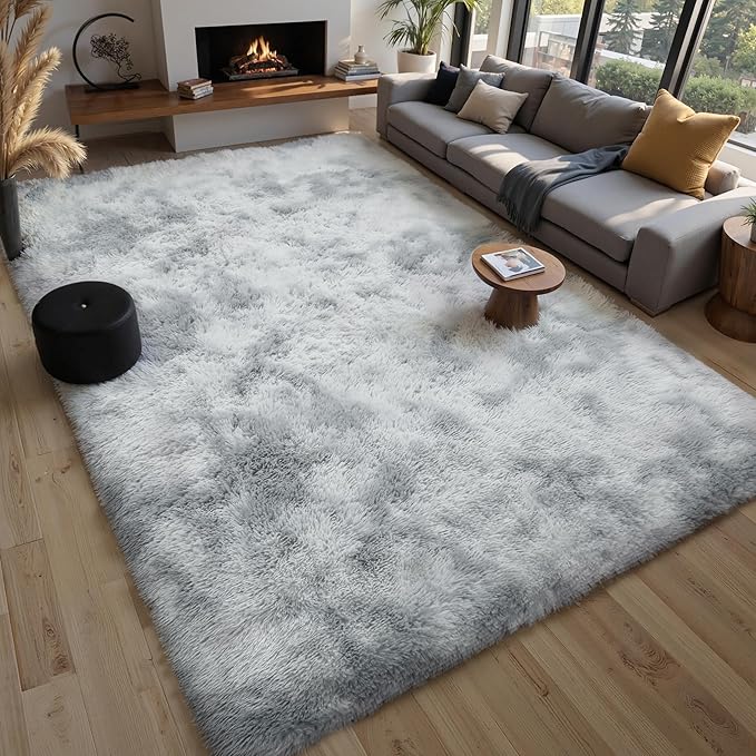Grey Fluffy 9x12 Large Area Rugs for Bedroom Living Room, Tie-Dye Light Gray Soft Washable Shag Carpet for Kids Room, Nursery, Dorm Decor, Colorful Cute Plush Fuzzy Rugs for Baby Toddler