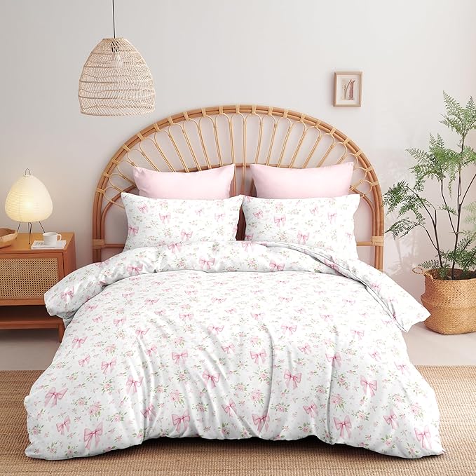 Nayoroom Pink Bow Comforter Set Full Size White Green Leaf Floral Comforter 3 Pieces Girls Soft Lightweight Cute Coquette Bedding Set for All Seasons