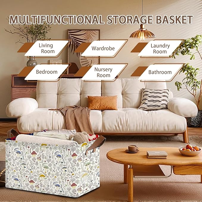 Retro Mushroom Storage Basket Large 17x11.5x10.5 Inche-Collapsible Fabric Organizer Bin with Handles for Cottagecore Decor, Nursery, Forest Theme-Decorative Hamper with Whimsical Fungi-Single Pack