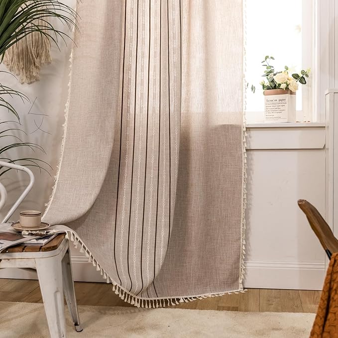 Deeprove Boho Style Curtains 84 inches Long, Vintage Bohemian Embroidery Striped Farmhouse Cotton Linen Fringe Window Treatments Bedroom Living Room Nursery, W52 x L84, 1 Panel Khaki and Brown