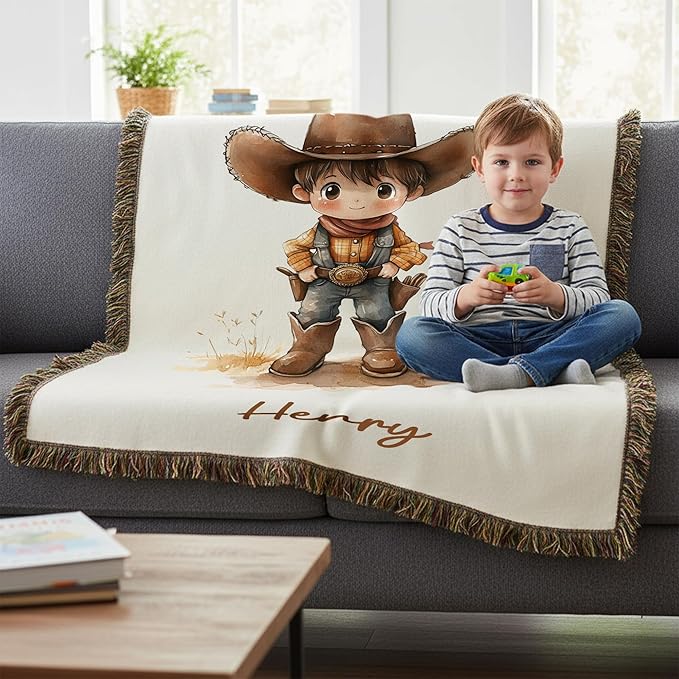 Western Cowboy Cowgirl Baby Name Blanket - Personalized Baby Blankets Nursery Decor - Custom Name Kids Throw Blanket for Girls Boys - Customized Western Cartoon Style Toddler Girl Birthday Gifts