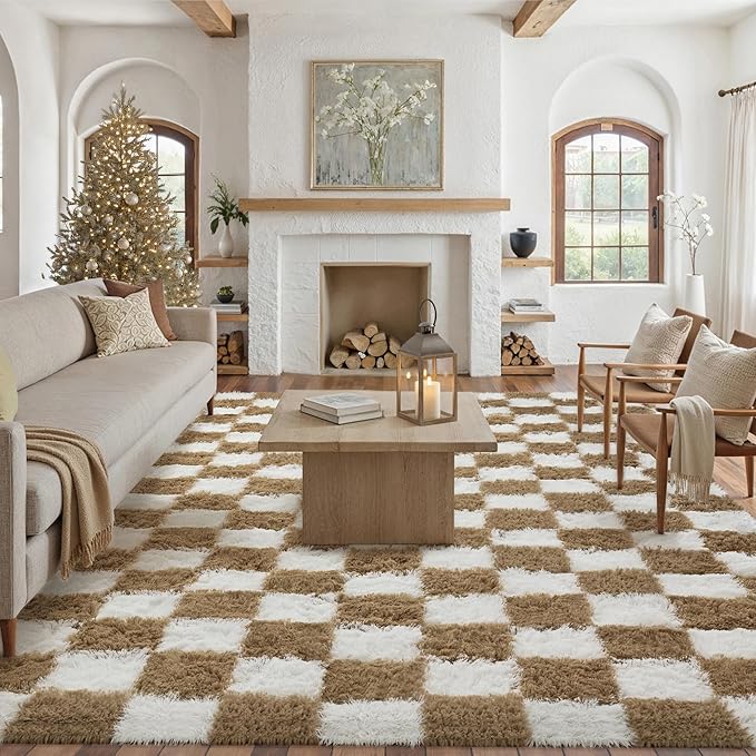 Checkered Rug 9x12 for Living Room, Beige and White Modern Shag Rug Super Soft Washable Indoor Fuzzy Carpet Non-Slip Fluffy Rugs for Bedroom Home Aesthetic Decor