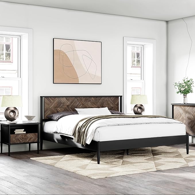 Lenia 14 Inch Premium Solid Wood Bed Frame with Headboard, Rustic Farmhouse Style Platform Bed Made of 100% Solid Acacia Wood, No Box Spring Needed, King Size, Rustic Mocha Black (Lenia Collection)