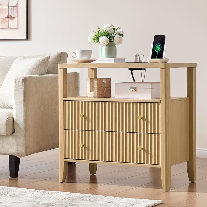 Fluted Nightstand with Charging Station, 27.3" Wide Modern Bedside Table with 2 Drawers & Open Shelf, Large Wood End Table with Storage & Metal Handle for Bedroom, Natural Wood