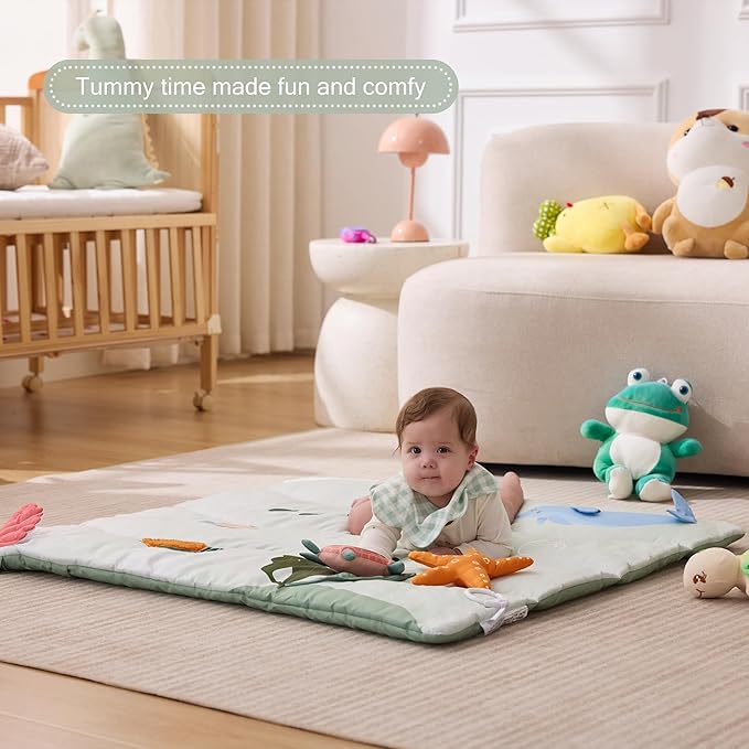 Spirich 9-in-1 Tummy Time Mat, Soft Sensory Mat for Infants, Baby Play Gym Mat with 9 Sensory Toys, Newborn Essentials Shower Gift