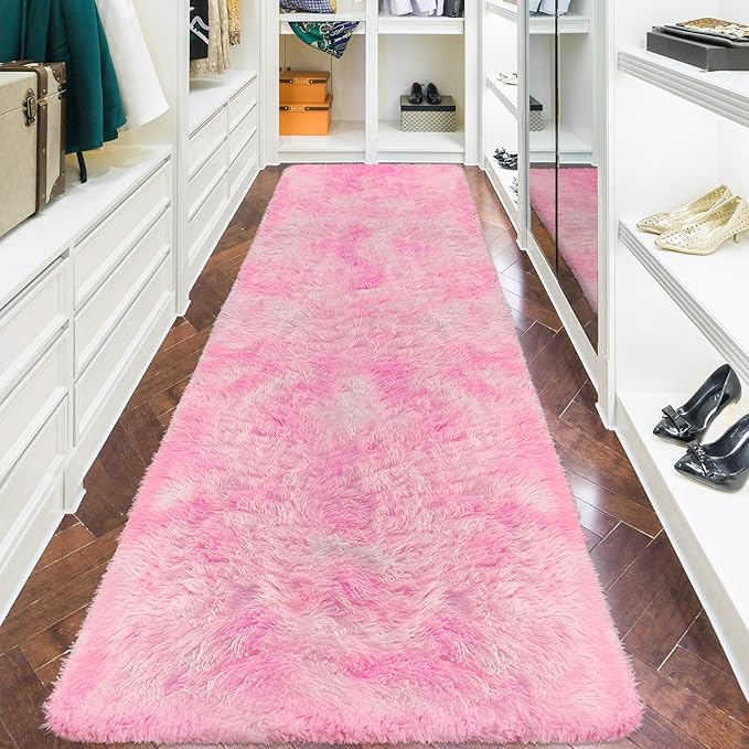 Fluffy Pink Shag Rug for Bedroom Girls 3x10 Runner Rug, Soft Pink Fuzzy Rug for Girls Room Bedside Living Room Hallway Plush Long Carpet Runner for Kids Room Nursery
