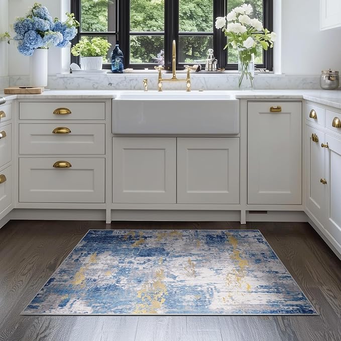 Washable Area Rugs 3'x5' Non-Slip Modern Abstract Soft for Living Room Entryway Bedroom Nursery, Print Pattern, Grey Blue Gold/Golden