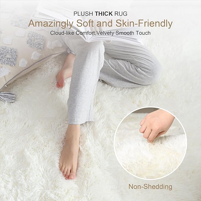 Thick Area Rug 5x7 Cream White Fluffy Shag for Girl Bedroom,Ultra Soft Plush Fuzzy Washable Thickened Non-Slip Floor Carpet,Modern Furry Shaggy Rug for Living Room Nursery Kids Boy Dorm,Ivory