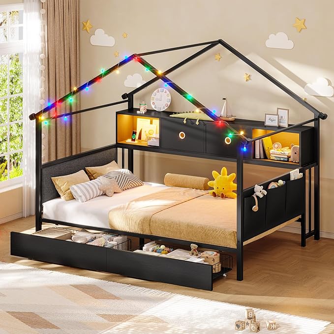 Hasuit Corner Twin House Bed Frame with Storage Drawers & Bookcase, House Shaped Metal Beds with Charging Station & LED Light, Corner Bed with Upholstered Headboard, Twin Size Bed for Kid Teens, Black