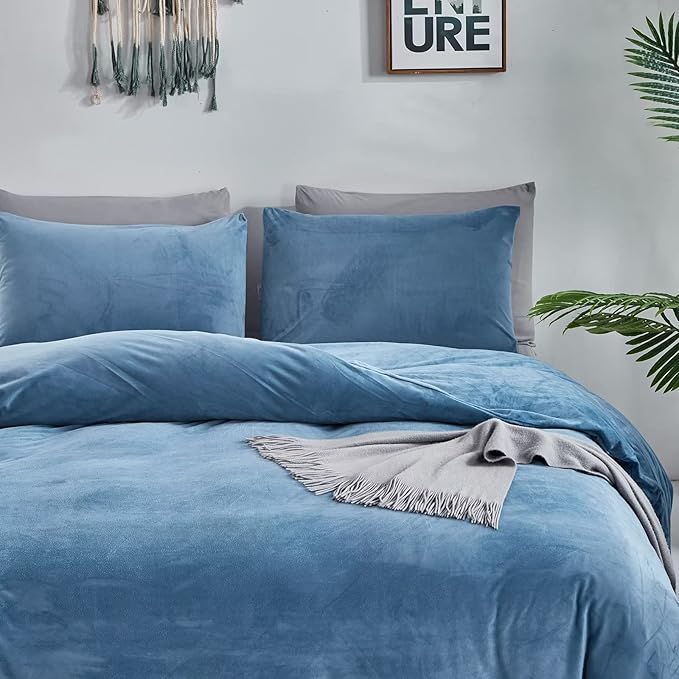 Houseri Blue Duvet Cover Queen Lake Blue Fluffy Bedding Duvet Covers Full Haze Blue Fuzzy Flannel Furry Duvet Cover Micromink Sherpa Light Blue Plush Warm Bedding Set Queen
