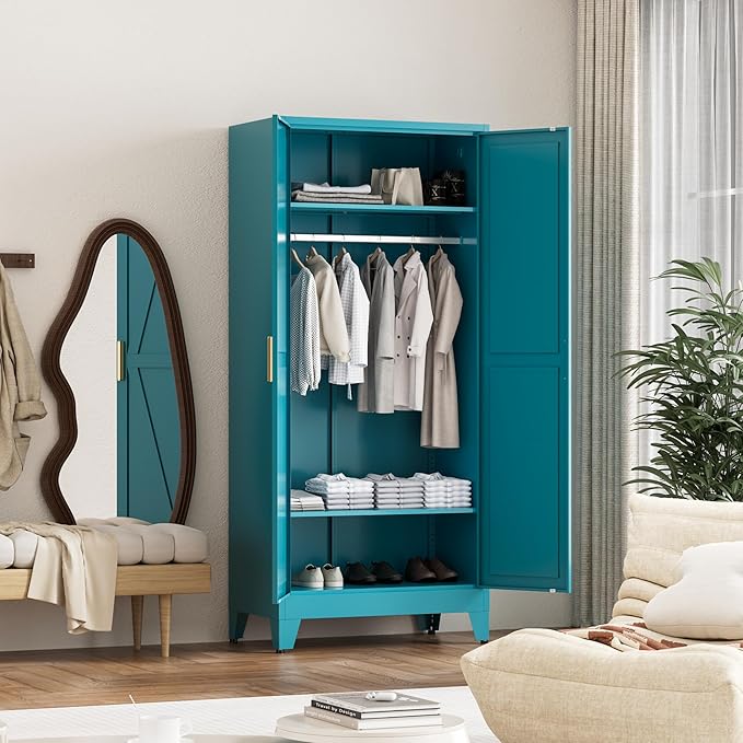 71'' Farmhouse Metal Wardrobe Cabinet with Hanging Rod, 2 Barn Door Wardrobe Closet with 2 Adjustable Shelves,for Dining Room,Bedroom,Living Room, Cloak Room,Office (Peacock Blue)