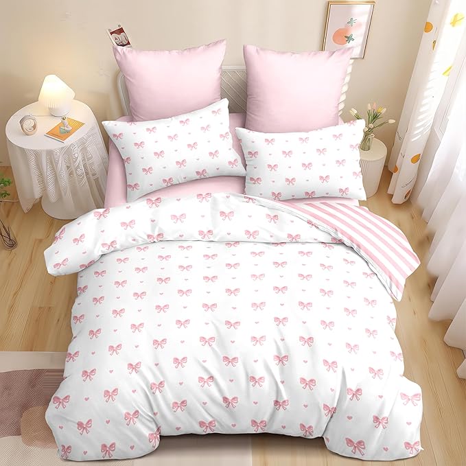 Pink Bow Duvet Cover Queen Size Striped Bedding Set Kids Boys Girls 3 Pieces Princess Style Stripe Bowknot Reversible Coquette Soft Microfiber Duvet Cover Set with 2 Pillowcases