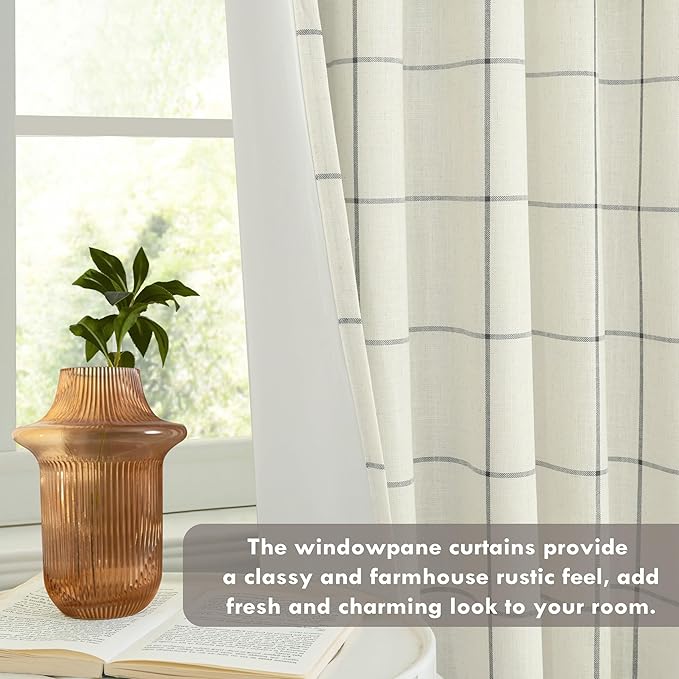 DriftAway 2 Panels 100% Blackout Windowpane Plaid Linen Curtains Double Layer Drapes for Bedroom 72 Inches Long Farmhouse Thermal Insulated 3.25 Inch Rod Pocket Back Tab for Living Room Black