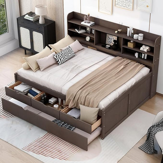 Harper & Bright Designs Full Size Captain Bed with Built-in Bookshelves/3 Storage Drawers/Trundle, Wooden Full Daybed Bed Frame for Kids Teens Dorm Bedroom Multipurpose Guest Room, Antique Gray