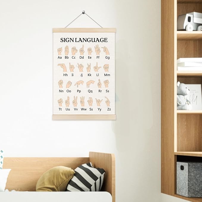 Welshower Sign Language Alphabet Poster Hanger Frame, ASL Alphabet Special Educational Wall Art Prints Decor for Classroom Toddler Kids Bedroom Nursery Playroom Framed, 12x16 Inch