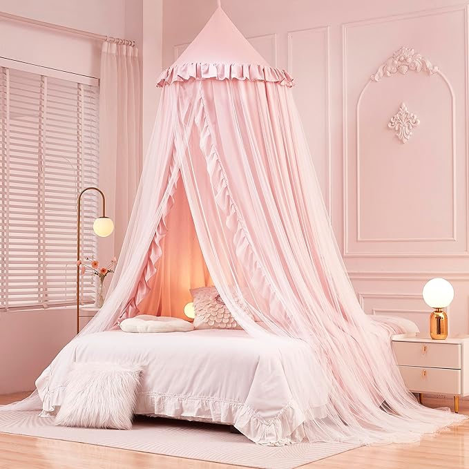 Mengersi Bed Canopy for Girls,Princess Round Dome Canopy Bed Curtains-Dreamy Mosquito Net Castle Play Tent Castle for Girls Room Decor (Beige Pink/Double)