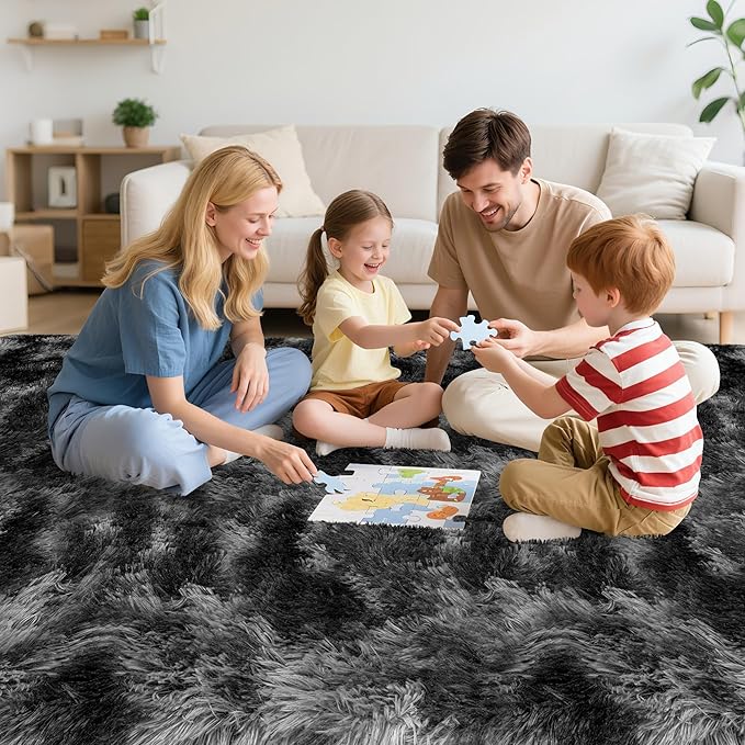Soft Fluffy Plush Area Rug for Bedroom Living Room, 5x8 Tie-Dyed Grey and Black Fuzzy Shag Carpet Indoor Modern Shaggy Rug for Kids Room Boys Girls Dorm Nursery Home