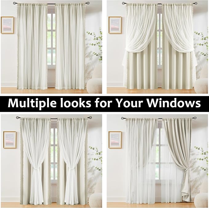 Pom-Pom Blackout Curtains with Sheer Overlay for Bedroom 84"L Ivory Mix and Match Double Layer Blackout Curtains for Living Room Nursery Kid's Room Drapes with Tiebacks Rod Pocket 52" W x2 Natural