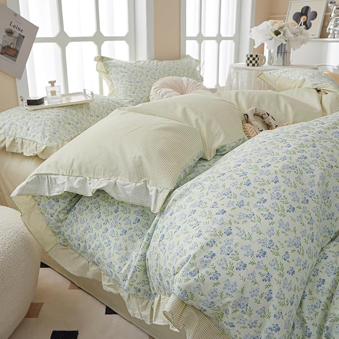 Ruffle Duvet Cover Queen Garden Style Lace Duvet Cover Soft Cotton Vintage Floral Blue Flower Bedding Set Romantic Ruffle Comforter Cover Princess Lace Bedding Botanical Comforter Cover Queen Size