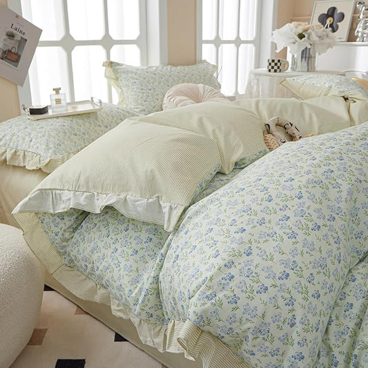 LifeTB Romantic Ruffle Duvet Cover Twin Garden Style Lace Duvet Cover Floral Pattern Blue Flower Comforter Cover Aesthetic Princess Lace Bedding Set 100% Cotton Floral Botanical Comforter Cover Twin
