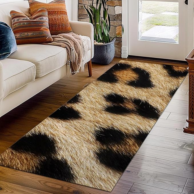 Faux Animal Skin Long Runner Rug 2X4ft Leopard Print Fluffy Soft Washable Hallway Rugs Wildlife Living Room Carpet Brown Carpets Hunting Lover Decor Dining Room Entrance Rugs