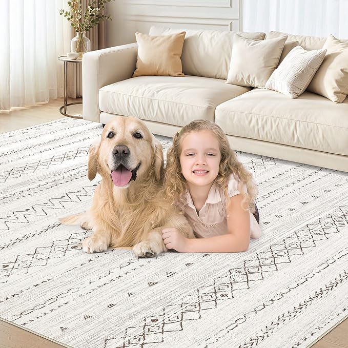 Area Rugs for Living Room Washable Living Room Rug Soft Neutral Indoor Floor Carpet Non-Slip Stain Resistant Modern Boho Rugs for Bedroom Dining Room Kids Room Nursery Office Home Brown