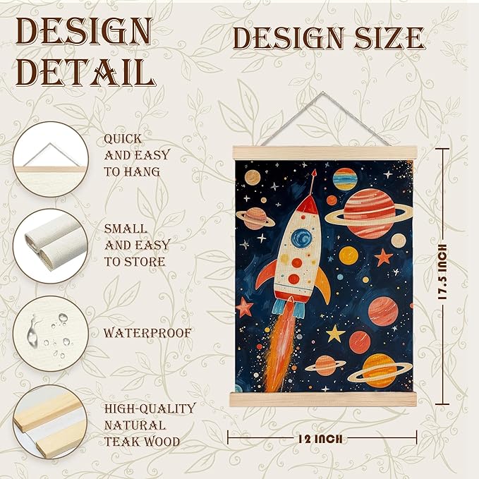 URLLUAE Rocket Ship Space Wall Art for Kids Room, Colorful Outer Space Planet Poster for Boys Bedroom Classroom Nursery Playroom Wall Decor, 12x16 Inch