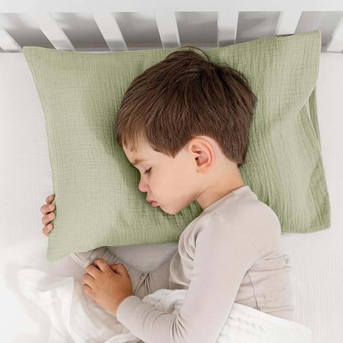Comfy Cubs Toddler Pillow with Muslin Pillowcase, 13 x 18 in - Travel and Sleep Support for Kids - Lightweight, Breathable Microfiber Fill - Soft and Cozy Small Pillow for Toddlers - Sage