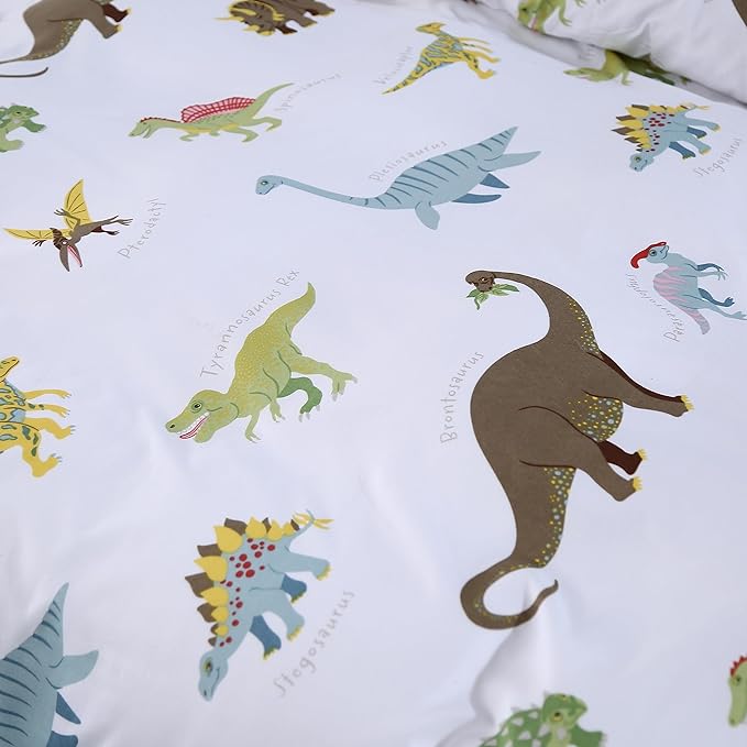 MAG 3Pcs Dinosaur Duvet Cover Set, Colorful Dino Queen Size White Based Duvet Cover Set, for Kids, Toddler, Teens Boys and Girls, Super Soft Microfiber, Queen Size(no Comforter Inside)