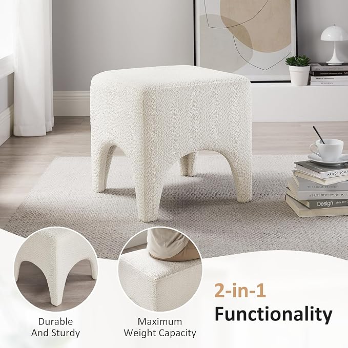 17" Boucle Modern Square Foot Stool Ottoman, Vanity Stool for Makeup, Rectangle Foot Rest for Couch, Upholstered Ottoman Stool for Living Room, Bedroom, Entryway (2, White)