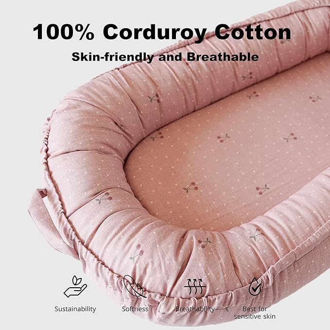 Infant Lounger, Baby Nest Cover for Baby Girls & Boys, Newborn Essentials for Baby 0-12 Months, 100% Cotton Breathable (Cherry_Muslin)