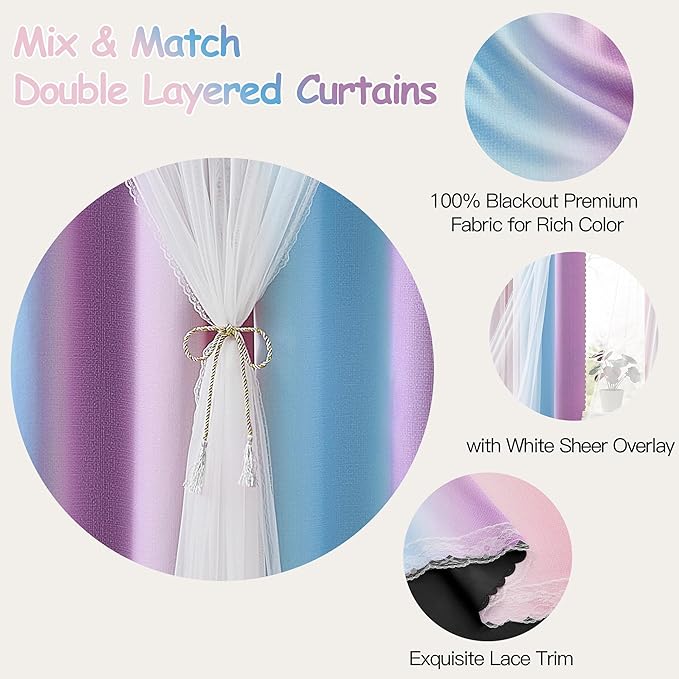 XiDi Blackout Curtains with Sheer Overlay for Girls Bedroom 2 Panels 63 Inches Long Ombre Pink Purple Curtains Colorful Rainbow for Kids Room Unicorn Princess Theme Home Decor Grommet Drapes W52XL63