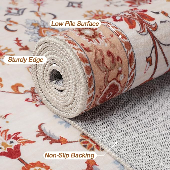 Tangsoo Floral Area Rug 6x9 Machine Washable Orange Rug Non-Slip Vintage Distressed Boho Print, Soft Low Pile Carpet for Living Room, Bedroom, Dining Room, Pet & Child Friendly (Orange Home Decor)