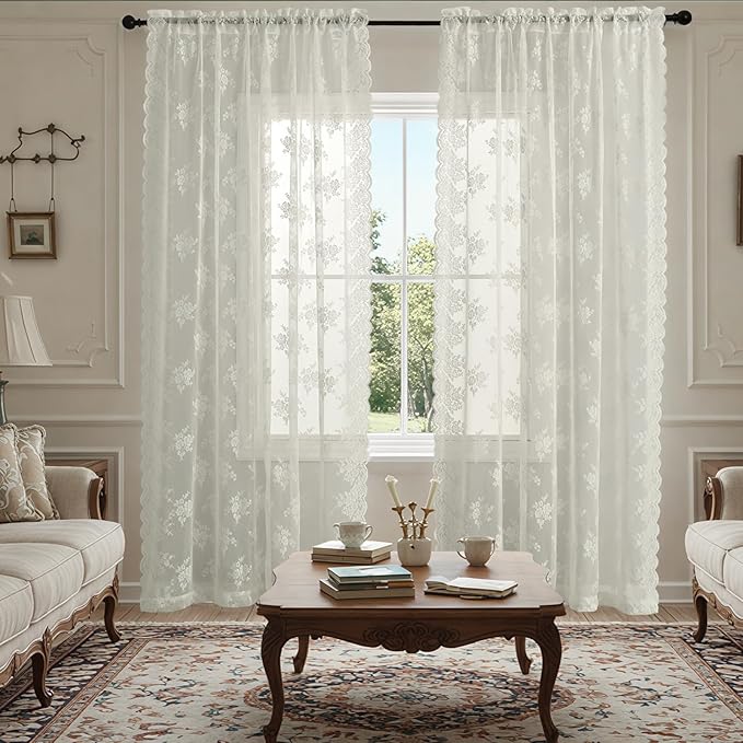Kotile Ivory Lace Curtains 84 Inches Long 2 Panels, W52 x L84 Inch, Rusitc Floral Pattern Vintage Lace Sheer Curtains for Living Room, Rod Pocket Light Filtering Privacy Vintage Sheer Window Curtain