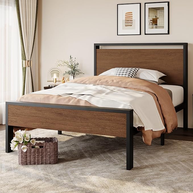 SHA CERLIN 14 Inch Twin Size Metal Platform Bed Frame with Wooden Headboard and Footboard, Mattress Foundation, No Box Spring Needed, Large Under Bed Storage, Heavy Duty Slats Support, Walnut